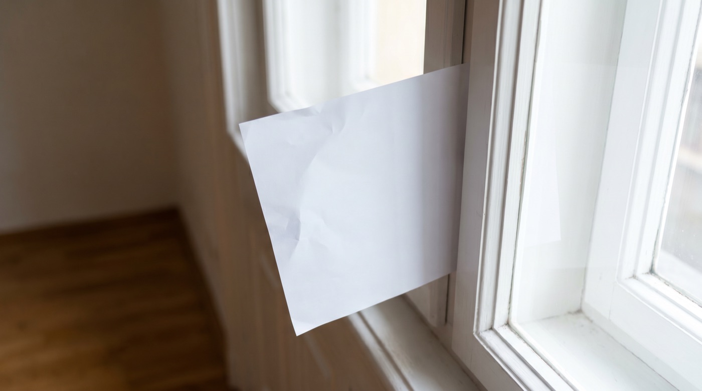 Blatt Papier wird zur Dichtheitsprüfung zwischen Fensterrahmen und Flügel geklemmt