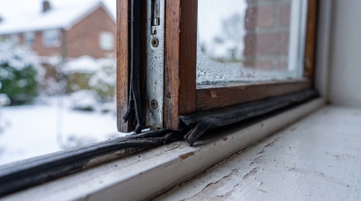 Nahaufnahme eines Fensterrahmens mit sichtbarer Gummidichtung im Winter