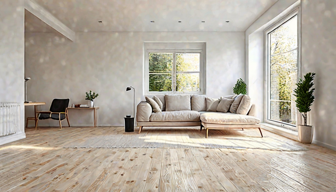 Modern renoviertes Wohnzimmer mit hellen Farben und neuen Böden
