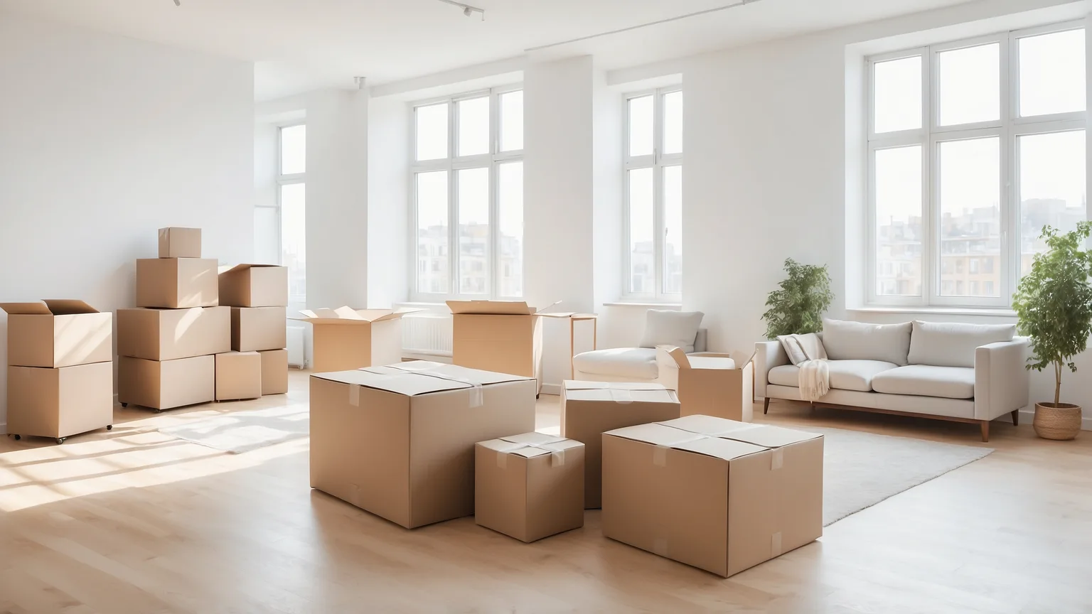Umzugskartons in einer hellen leeren Wohnung